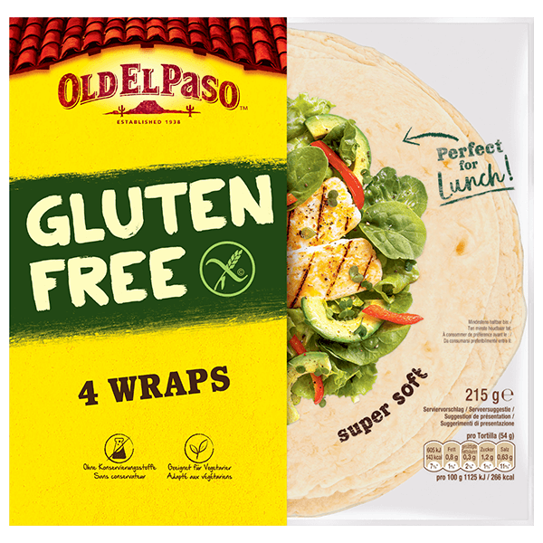 eine Packung glutenfreie Tortillas Old El Paso 4 Wraps, 215g