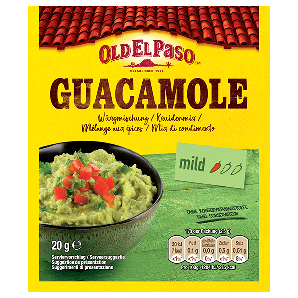 un paquet de mélange d'épices douces pour guacamole Old El Paso, 20g